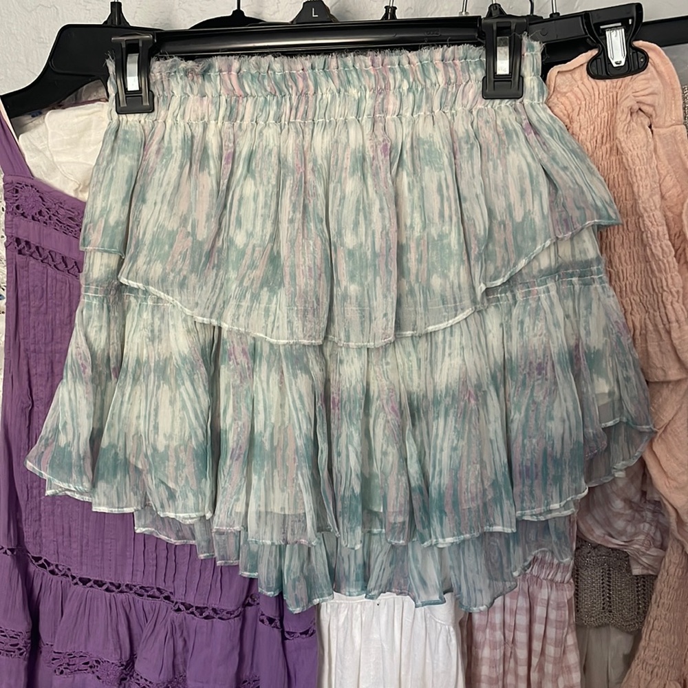 Loveshackfancy watercolor lily silk tiered ruffle mini skirt